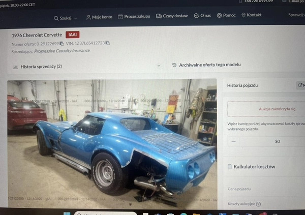 Chevrolet Corvette cena 69000 przebieg: 25000, rok produkcji 1976 z Warszawa małe 781